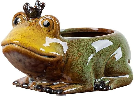 Ceramic Succulent Plant Pot Cactus Plant Pot Flower Pot Container Planter with Drainage Hole Home Office Desk Garden Gift Idea Animal Shaped Flower Pot Cute Vase Pot (Frog Prince)