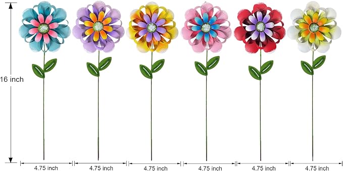 Metal Flower Garden Stakes, 6 Pc. Set, Large Colorful Decorative Landscape and Gardening Outdoor Decor, Lawn and Yard Ornament, Rust and Weather Resistant