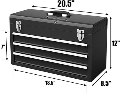 Goplus Tool Box with 3 Drawers, 4-Tier 20.5" Portable Tool Chest Organizer with Top Tool Tray, Auto Lock, Protective Liner, Handle, Steel Metal Small Toolbox for Gargae, Workshop, Home