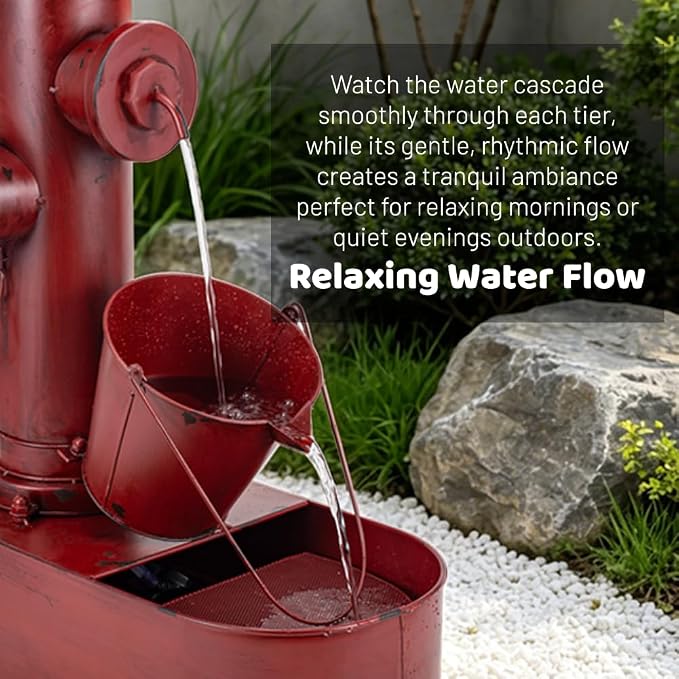 2-Tier Outdoor Water Fountain, 27" Heavy-Duty Metal Garden Fountains | Rustic Waterfall with Pumb & Debris Filter Screen, Rustproof Fire Hydrant Soothing Water Flow for Patio Yard Porch Decor