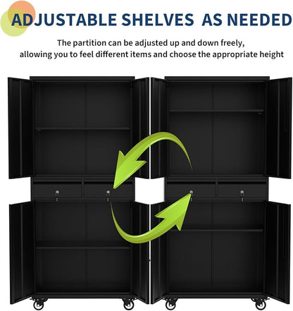 GarveeHome 72" Metal Storage Cabinet with Wheels, Locking Doors & 2 Drawers,Heavy Duty Rolling Garage Organizer with 2 Adjustable Shelves (with Wheels, with 2 Draws)