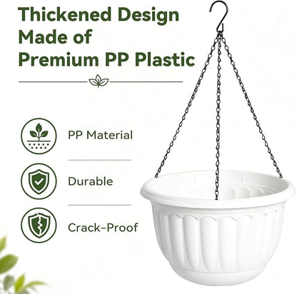 YIKUSH 12 Inch Hanging Planters for Outdoor Plants, 2 Pack Plastic Hanging Flower Pots with Drainage Hole & Tray, Hanging Basket Style Pots for Porch Patio Balcony Decor (White)