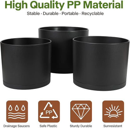 GARDIFE 10/9/8 Inch Modern Cylinder Planter, Plant Pots for Indoor Outdoor Plants, Flower Pots with Drainage Holes and Saucers for Garden Succulent Nursery House Plants (Black)