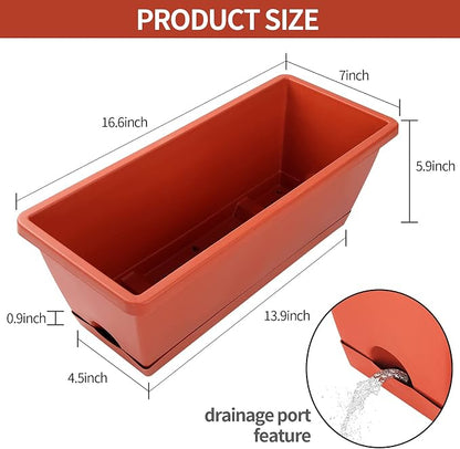 CHUKEMAOYI Window Box Planter, 12 Pack Plastic Vegetable Flower Planters Boxes 17 Inches Rectangular Flower Pots with Saucers for Indoor Outdoor Garden, Patio, Home Decor (Brick red)