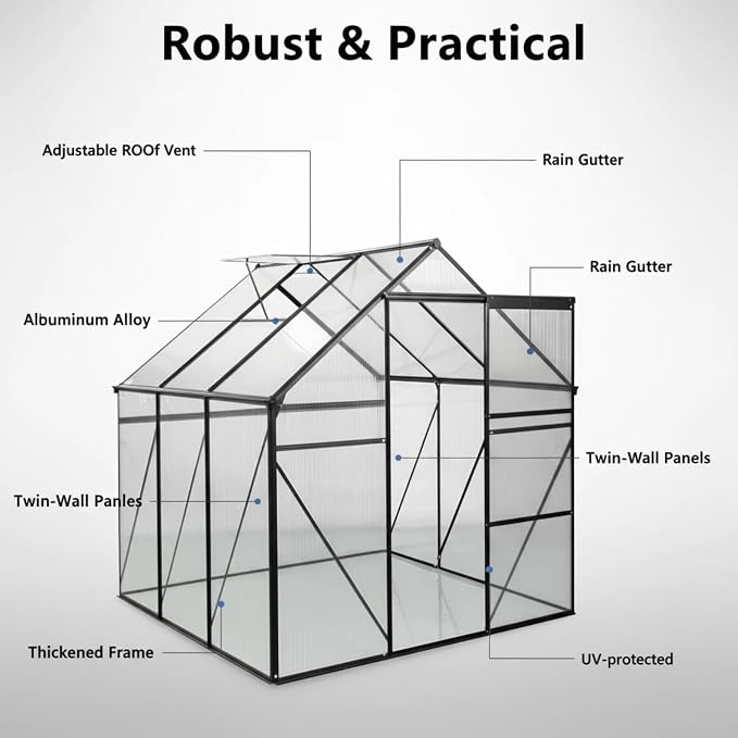6x6 FT Greenhouse, Walk-in Polycarbonate Greenhouses with Sliding Doors, Aluminum Frame, Adjustable Roof Vent, Raised Base & Anchor, Outdoor Backyard Greenhouse for All Seasons, Black