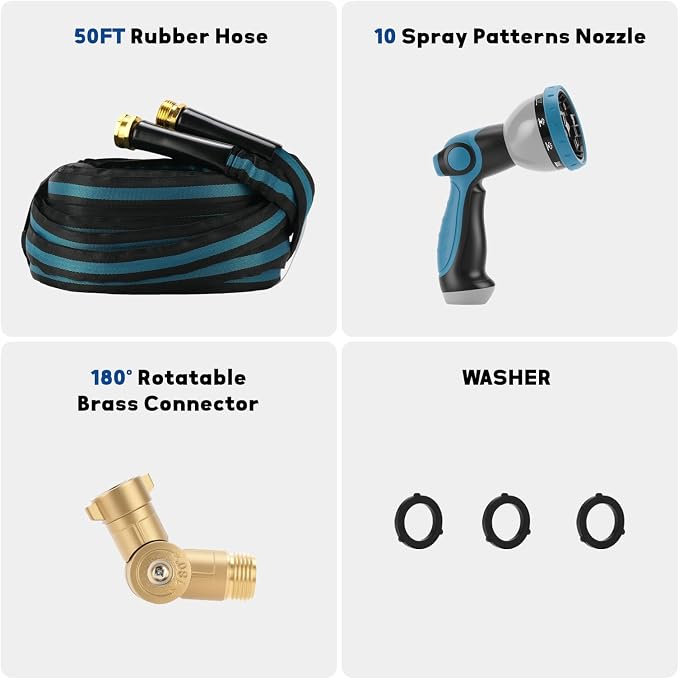 MEASUREMAN 50 FT Garden Hose, Lightweight & Flexible Water Hose Kit with Spray Nozzle & 180° Swivel Connector, 5/8-Inch Heavy Duty Kink-Proof Fabric Hose