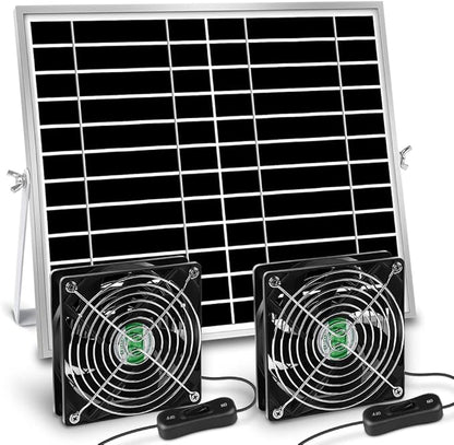 Solar Powered Fan, Solar Fan for Shed, Chicken Coop, Greenhouse, Outside with Two IPX7 Waterproof 5In Fans 13Ft On/Off Switch Cable Exhaust Intake Mounting Way and Installation Kits