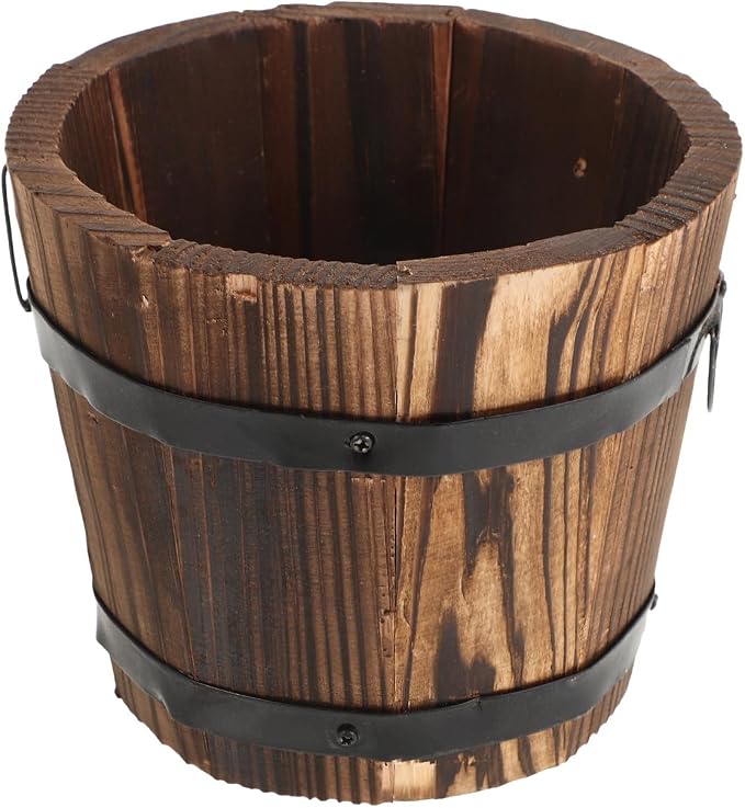 DOITOOL Rustic Wooden Barrel Planter: Wood Whiskey Barrel Bucket Flower Pots Indoor Outdoor Plants Boxes Container for Home Garden Patio Backyard - 7.08 x 5.9 x 5.1 inches (Small)