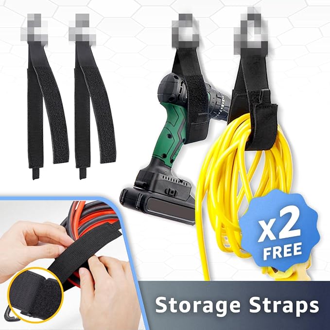 COCOYA Garage Hooks 11.8" Long with 2 Extension Storage Straps (2 Pack) | Interlocking Design, Wave-Shaped, Heavy Duty, Hanging Ladder Shovel Bike Garden Tool, For Shed Yard Garage, Black