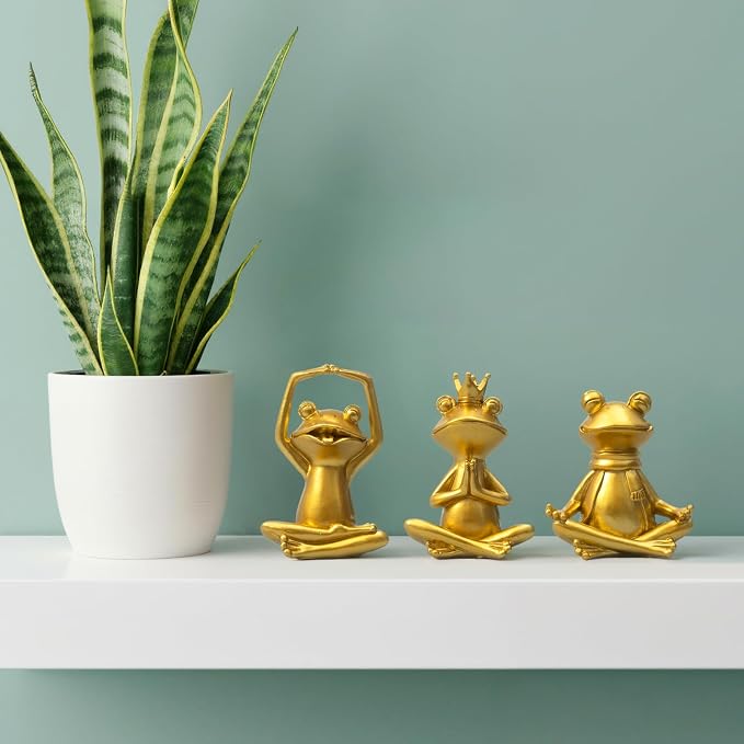 Gold Yoga Frog Figurines Set of 3 - Meditating Resin Zen Statues & Sculptures for Home, Office Desk, Shelf Decor - Cute Frog Lover Gifts for Women, Yoga Enthusiasts