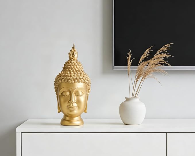 Buddha Head Statue (Gold), Ideal for Zen Space, Spiritual Decor, Buddhism Religious Room Decoration