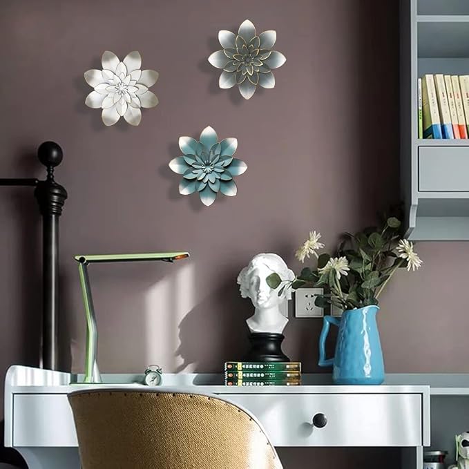 Metal Flower Wall Art Decor, 9.5" Grey Gold Rustic Modern Floral Sculpture | Distressed Iron Wall Hanging Home Decoration Accent for Indoor Kitchen Bedroom Living Room Office Outdoor Garden Patio