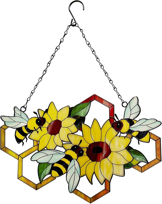 Metal Bee Wall Decor Wall Art On The Bathroom living Room Outdoor Fence Decorations With Silhouette Ornament Branch Wall Hanging Sign For Balcony Garden Decor 15" x 12" (bee flowers)