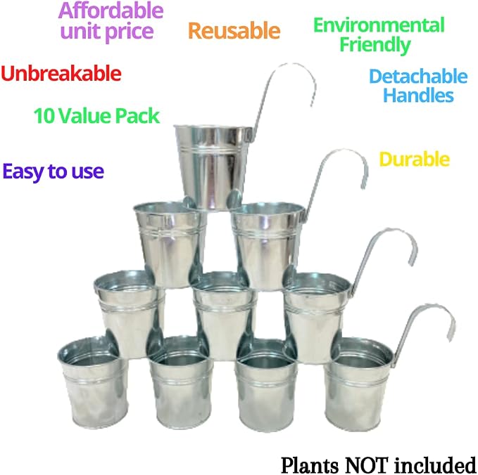 LaLaGreen Rail Planter (4 in, 10 Pack) Silver Metal Railing Flower Pots | Rail planters for balcony, apartment, patio, porch, deck, window box, herb, succulent, flower boxes, outdoor plants