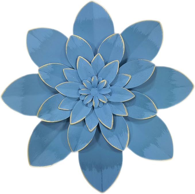 Metal Flower Wall Art Decor, 9.5" Ocean Blue Rustic Modern Floral Sculpture | Distressed Hanging Home Decoration Accent Artworks, Indoor Bedroom Living Room Office, Outdoor Garden Patio