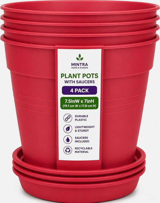 Mintra Garden Pots, 4 Pack Bulk Plastic Plant Pots with Drainage Tray, Round Indoor & Outdoor Decorative Planters with Drain Holes for Flowers, Herbs & Plants, 19cm Diameter – Coral, 7.5 in
