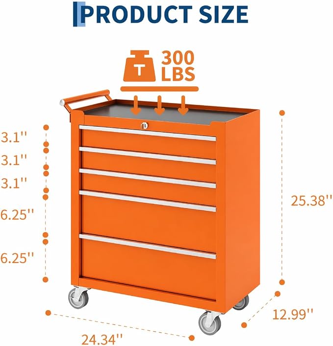 IDEALHOUSE Rolling Tool Chest, 5 Drawers Tool Storage Cabinet, Toolbox with Wheels, Portable Tool Cabinet Organizer with Locking System & Drawer Liners, Tool Storage Cart for Garage, Workshop, Orange