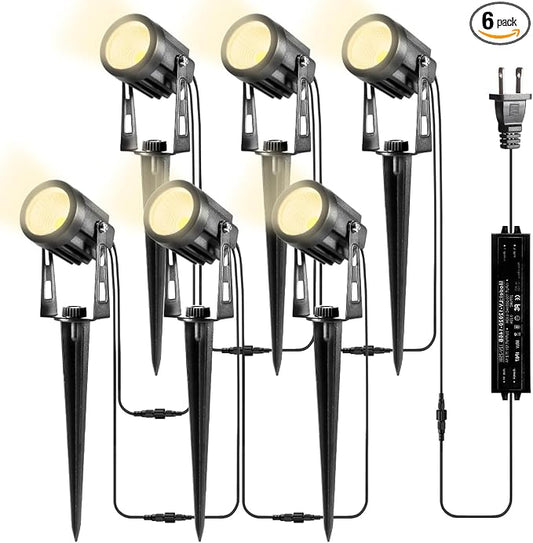 Landscape Lighting, 3W 12V Extendable Low Voltage 6 in 1 Landscape Lights with Transformer IP65 Waterproof 1800 Lumen Outdoor Spotlight for Garden Walls Trees Flag Pathway, Warm White