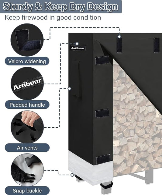 4ft Firewood Rack Cover for Wood Holder, Waterproof Wood Pile Cover for Outside, Indoor Outdoor Log Rack Cover for Firewood with Buckle, Black (Frame not Include)