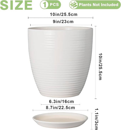 10 Inch Ceramic Planter Pot - Large Plant Pot with Drainage Hole and Saucer, Modern Round Flower Pots for Indoor Outdoor Plants, Garden Planter, White