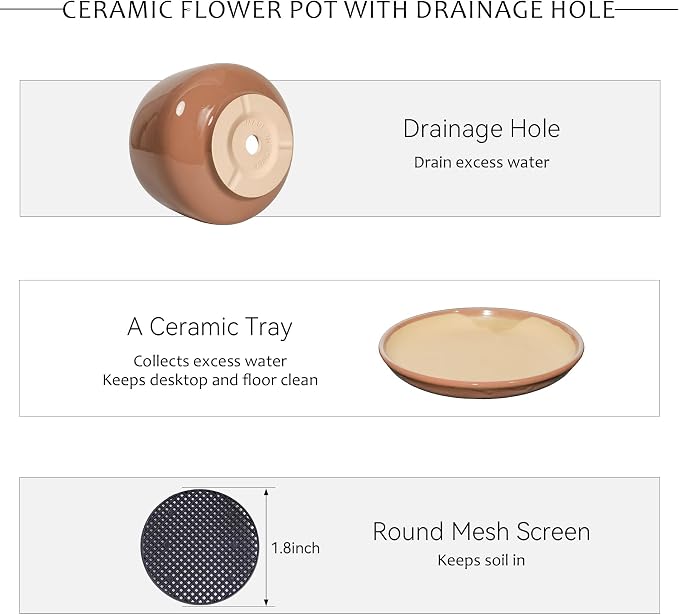 7.5 Inch Ceramic Planter with Saucer,Modern Garden Pots with Drainage Hole Mesh Net, for Indoor Outdoor Use(Reddish Brown)