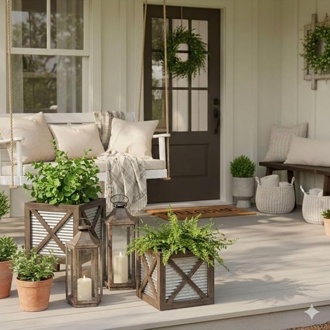 Autumn Alley Front Porch Planters Set of 2, 15.7" & 10.2", Wood & Metal | Tabletop scale for steps &entryways, Galvanized corrugated metal, X-brace wood frame, Holds a standard nursery pot