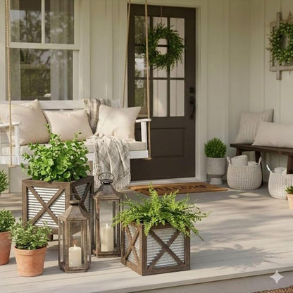 Autumn Alley Front Porch Planters Set of 2, 15.7" & 10.2", Wood & Metal | Tabletop scale for steps &entryways, Galvanized corrugated metal, X-brace wood frame, Holds a standard nursery pot