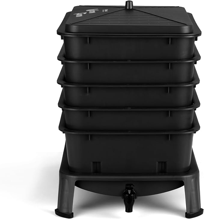 Blütezeit 5-Tray Worm Composter, 53QT Worm Compost Bin Indoor & Outdoor, Worm Farm Kit for Vermicomposting Starter, Recycling Food Waste (Black)