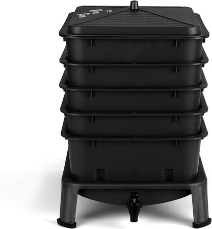 Blütezeit 5-Tray Worm Composter, 53QT Worm Compost Bin Indoor & Outdoor, Worm Farm Kit for Vermicomposting Starter, Recycling Food Waste (Black)