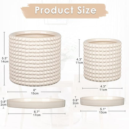 DILATATA Set of 2 Ceramic Planter Pots with Drainage Hole and Saucer, Round Flower Pot Hobnail Modern Planter Pots for Indoor & Outdoor Plants - 4 Inch & 6 Inch, White