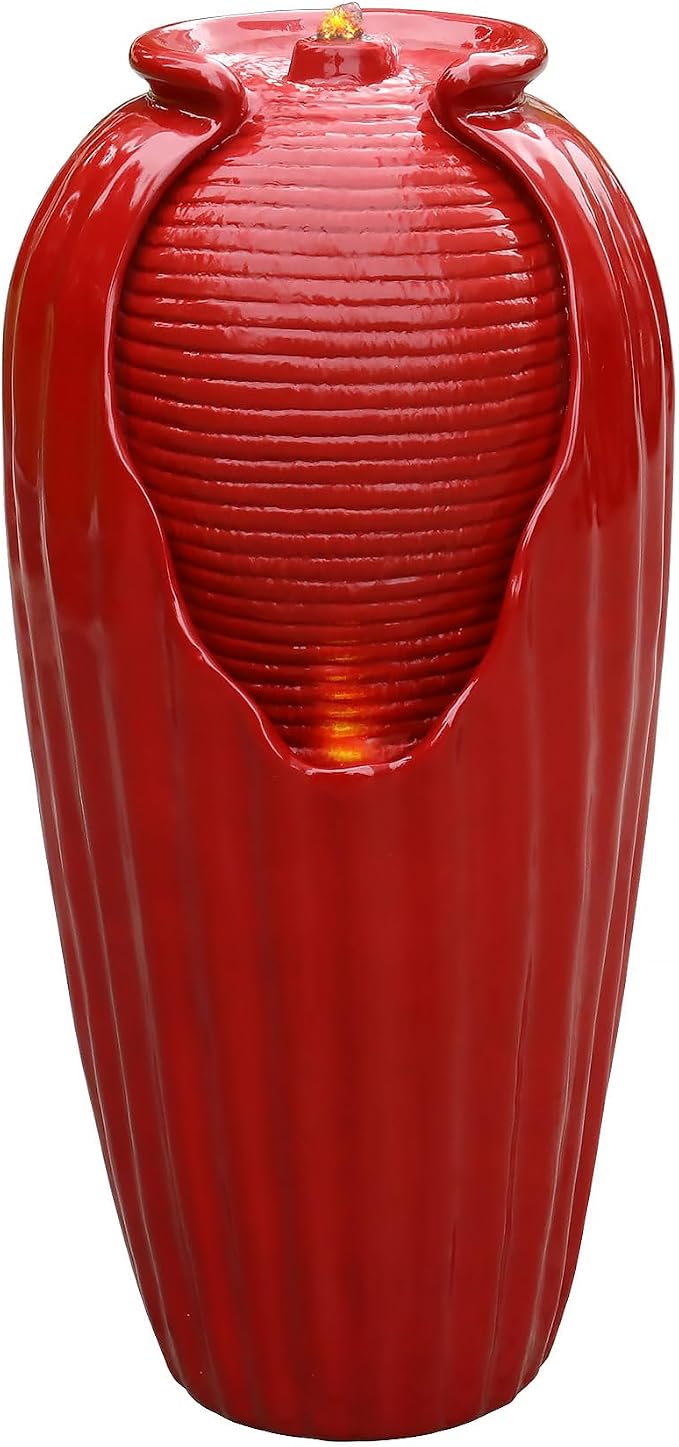 Teamson Home Glazed Vase Floor Freestanding Water Fountain with LED Lights and Pump for Outdoor Patio Backyard Deck Plant Garden Décor, 32 Inch Height, Red | Freestanding Floor Feature, Built-In LED Light, Glossy Red, Outdoor Décor