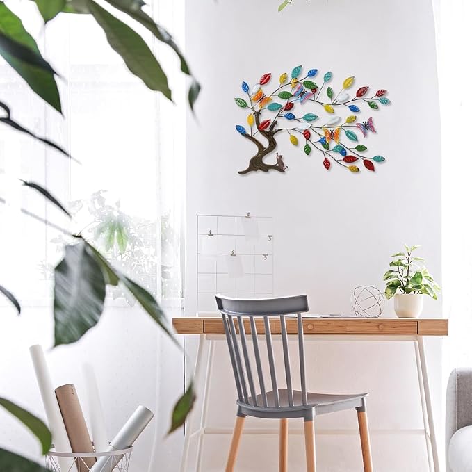 dreamskip Tree of Life Metal Wall Art, 23" Outdoor Large Tree Wall Sculpture with Colorful Leaves and Butteflies, Metal Outdoor Garden Decor for Patio, Fence, Yard, Living Room, Bedroom