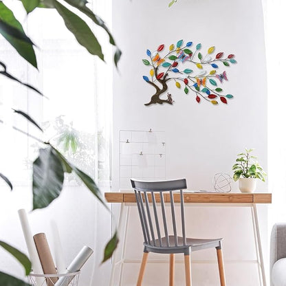 dreamskip Tree of Life Metal Wall Art, 23" Outdoor Large Tree Wall Sculpture with Colorful Leaves and Butteflies, Metal Outdoor Garden Decor for Patio, Fence, Yard, Living Room, Bedroom