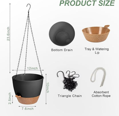 Vanslogreen Hanging Planters for Indoor Outdoor Plants, 1 Set Self Watering Hanging Pot with Drainage Holes & Removable Tray, Black, 12 Inch