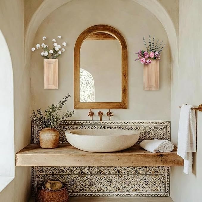Wooden Wall Planter Vase,2 Pack Natural Wood Hanging Planter for Indoor Fake Plants Modern Boho Farmhouse Wall Art Decor for Home Kitchen Modern Farmhouse Bathroom Living Room Dining Room