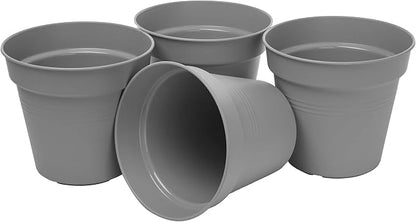Mintra Garden Pots, 4 Pack Bulk Plastic Plant Pots with Drainage Tray, Round Indoor & Outdoor Decorative Planters with Drain Holes for Flowers, Herbs & Plants, 15cm Diameter – Grey, 5.9 in