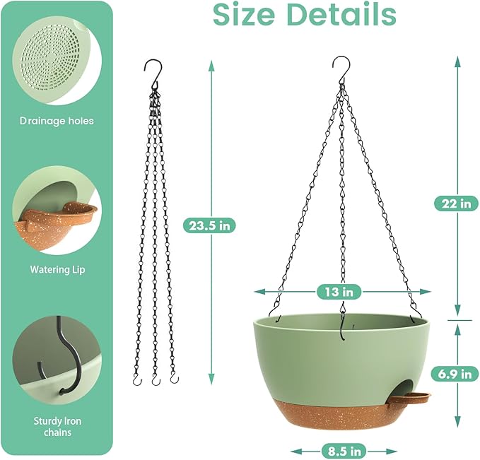 UOUZ 13 Inch 2 Pack Large Self Watering Hanging Planters for Indoor Outdoor Plants, Hanging Plant Pots with Removable 50 Oz Reservoir, Plastic Hanging Basket for Window Porch Garden, Green with Brown