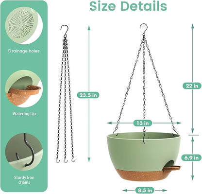 UOUZ 13 Inch 2 Pack Large Self Watering Hanging Planters for Indoor Outdoor Plants, Hanging Plant Pots with Removable 50 Oz Reservoir, Plastic Hanging Basket for Window Porch Garden, Green with Brown