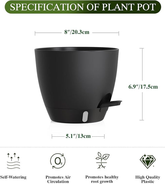 Self Watering Pots with Drainage Holes, 2 Pack 8 Inch Plant Pots with Water Level Indicator Deep Reservoir, Large Plastic Planter for Indoor Outdoor Plants - Black