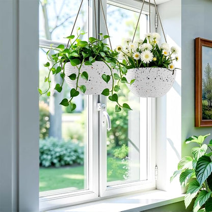 Asnext Line Pattern 10 Inch Hanging Planter for Indoor Outdoor Plants, 2 Pack Round Hanging Pots for Plants (Speckled White)