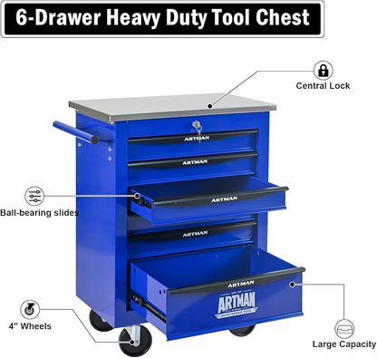 6-Drawer Rolling Tool Chest, Lockable Stainless Worktop for Garage, Blue | Heavy Duty Metal Tool Cabinet with Drawers on Wheels for Warehouse and Workshop Storage