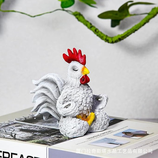 Yoga Rooster Ornament, Chicken Buddha Zen Figurine Resin Sit in Meditation Rooster Statue Rustic Farmhouse Bird Sculpture Gift Handmade Decoration for Home Patio Yard Lawn Garden (White)