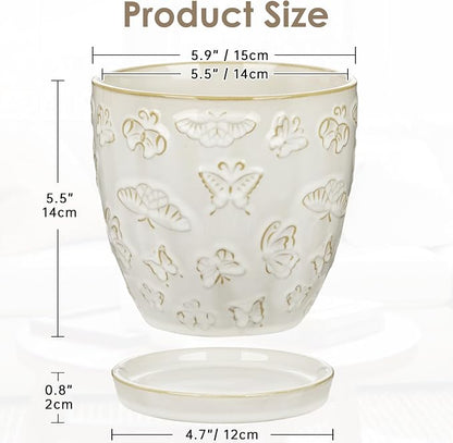 Hollyone 6 Inch White Ceramic Planter Flower Plant Pot with Drainage Hole and Saucer for Plants Embossed Indoor Outdoor Garden Embossed Ceramic Glazed Round Pot for Succulent Orchid Butterfly Pattern