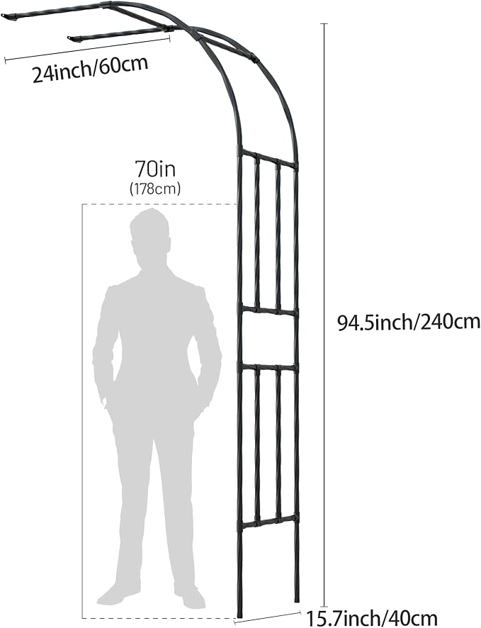 Half Sided Garden Arch, 24’’x94.5’’ Arbor Trellis, Trellis for Climbing Plants Outdoor, Garden Arch Arbor for Flower, Climbing Vine Vegetable, Fruit, Home Yard and Lawn(Black)
