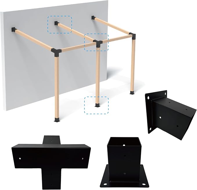 Pergola Bracket Kit 4x4, Including 1 Wall Base, 1 105 ° 4-Way and 1 Bases, 1 Set of Wall Mounted 15° Pitched Roof Mounting Kit for Extension, for Shading Facilities Attached to Walls or Eaves