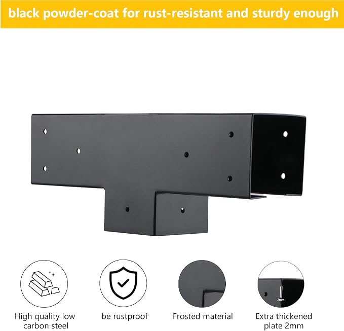 4x4 Pergola Brackets Kit, 3-Way T Shape, 3.58 x 3.58 in, 2 Pack | Q235 Steel with Black Powder-Coated Finish, 32 Self-Tapping Screws Included for Gazebos, Patios and Garden Arbors