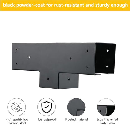 4x4 Pergola Brackets Kit, 3-Way T Shape, 3.58 x 3.58 in, 2 Pack | Q235 Steel with Black Powder-Coated Finish, 32 Self-Tapping Screws Included for Gazebos, Patios and Garden Arbors