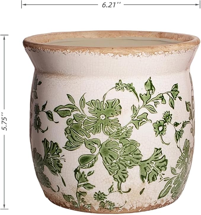 Xiaan Jiaju Vintage Farmhouse Ceramic Planter & Kitchen Utensil Holder - 6.21 Inch Tuscan Rustic Plant Pot with Drainage for Indoor/Outdoor Use, Garden & Home Decor, Unique Gift (Green Leaf)