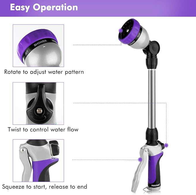 RESTMO Heavy Duty Metal Hose Wand, Watering Wand for Garden Hose | 180° Swivel Ratcheting Head, 16'' Hose Sprayer, 7 Spray Patterns, Flow Control, Ideal for Hanging Baskets & Shrubs, Purple