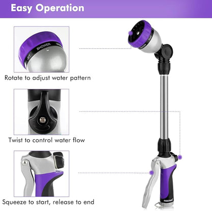 RESTMO Heavy Duty Metal Hose Wand, Watering Wand for Garden Hose | 180° Swivel Ratcheting Head, 16'' Hose Sprayer, 7 Spray Patterns, Flow Control, Ideal for Hanging Baskets & Shrubs, Purple